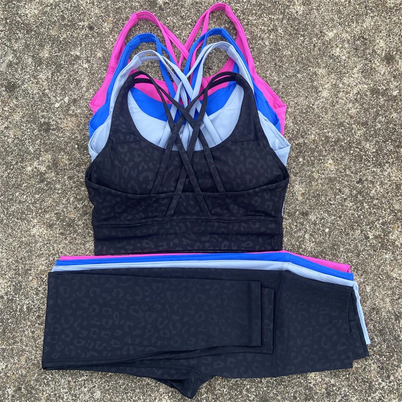 2 Piece Set workout Set, Cross Straps Bra + High Waist Leggings Running Tracksuit
