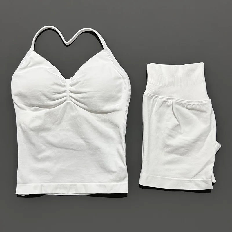 2 Pieces modern workout Sets, Backless Halter Tops + High Waist Seamless Shorts