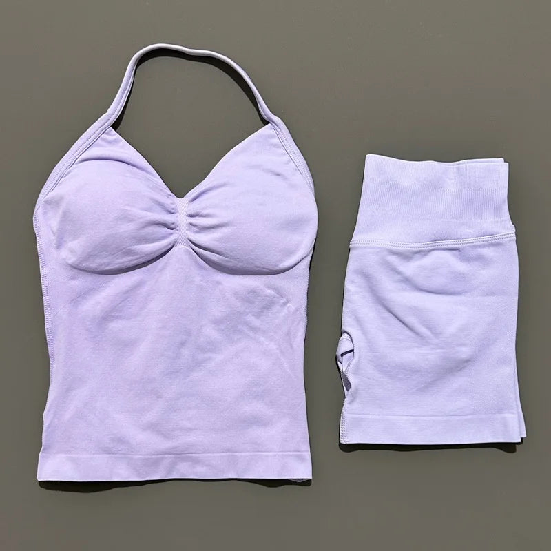 2 Pieces modern workout Sets, Backless Halter Tops + High Waist Seamless Shorts