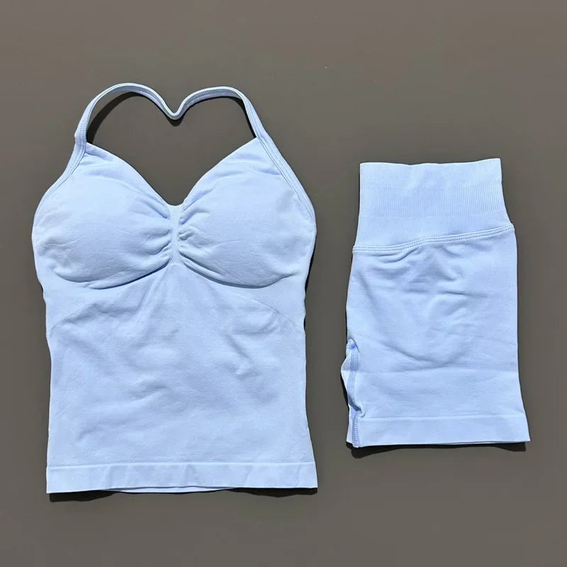 2 Pieces modern workout Sets, Backless Halter Tops + High Waist Seamless Shorts