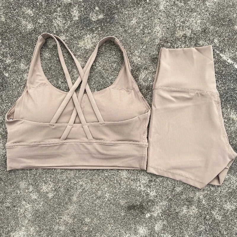 2 Piece workout Sports, Cross Back Bra + High Waist Shorts