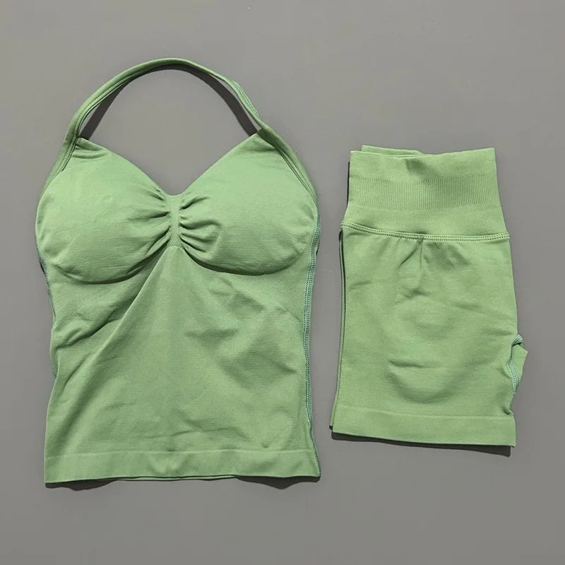 2 Pieces modern workout Sets, Backless Halter Tops + High Waist Seamless Shorts