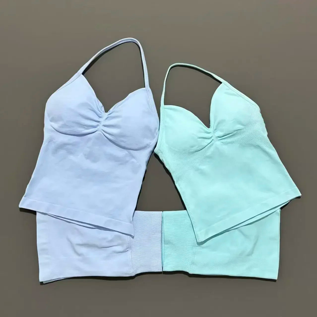 2 Pieces modern workout Sets, Backless Halter Tops + High Waist Seamless Shorts