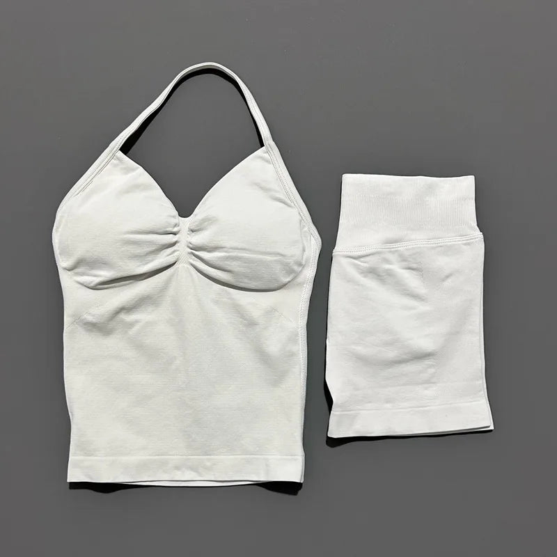 2 Pieces modern workout Sets, Backless Halter Tops + High Waist Seamless Shorts