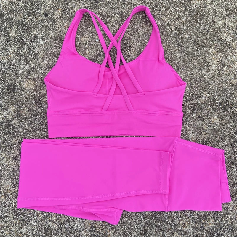 2 Piece Set workout Set, Cross Straps Bra + High Waist Leggings Running Tracksuit