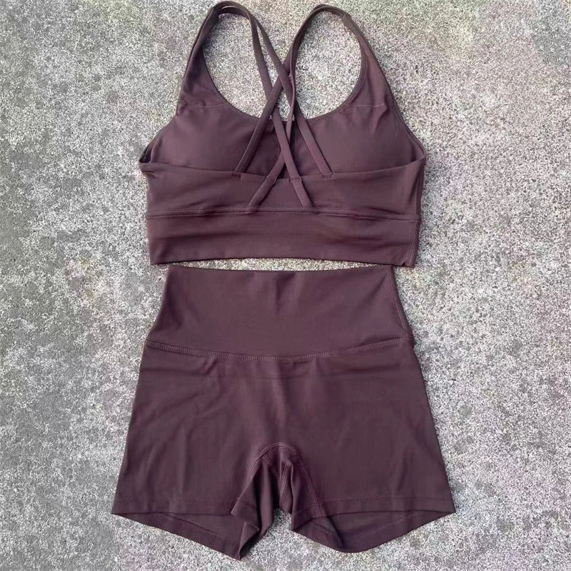 2 Piece workout Sports, Cross Back Bra + High Waist Shorts