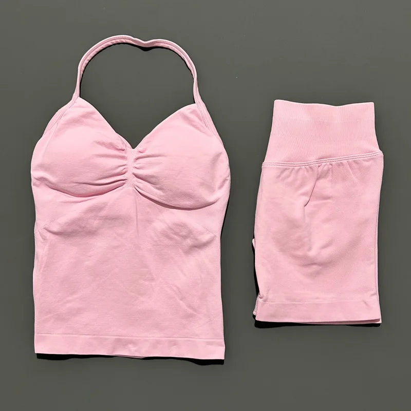 2 Pieces modern workout Sets, Backless Halter Tops + High Waist Seamless Shorts