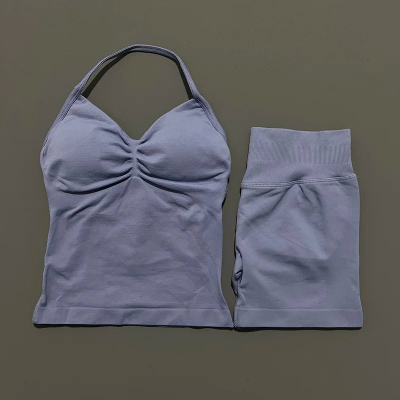 2 Pieces modern workout Sets, Backless Halter Tops + High Waist Seamless Shorts