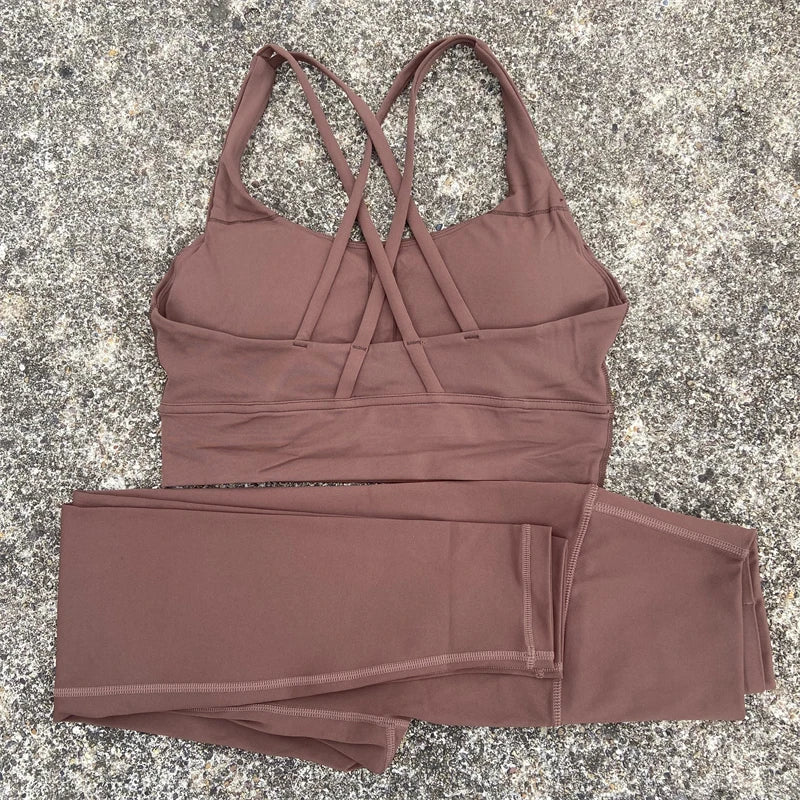 2 Piece Set workout Set, Cross Straps Bra + High Waist Leggings Running Tracksuit