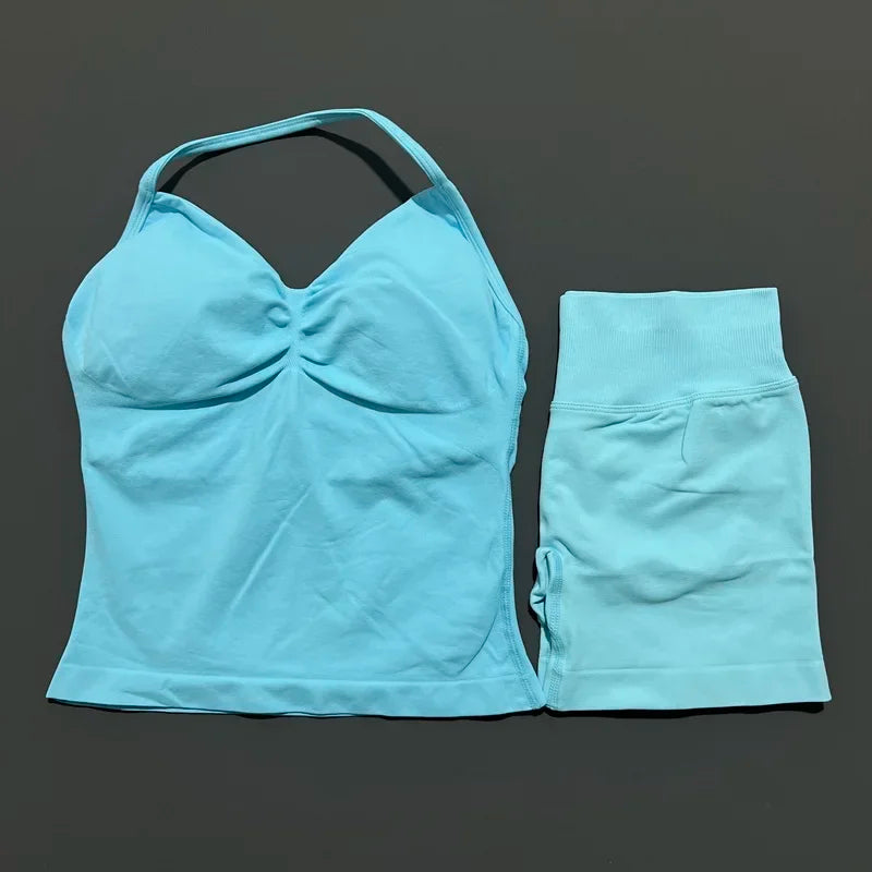 2 Pieces modern workout Sets, Backless Halter Tops + High Waist Seamless Shorts