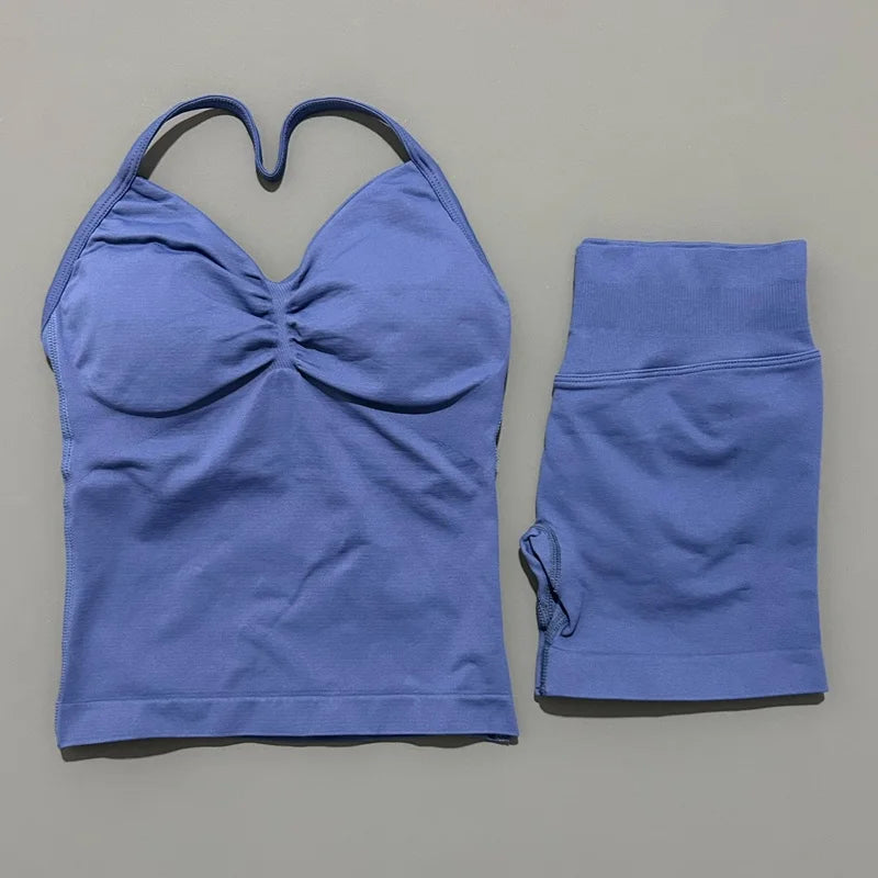 2 Pieces modern workout Sets, Backless Halter Tops + High Waist Seamless Shorts