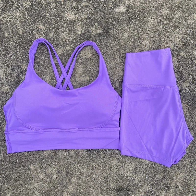 2 Piece workout Sports, Cross Back Bra + High Waist Shorts
