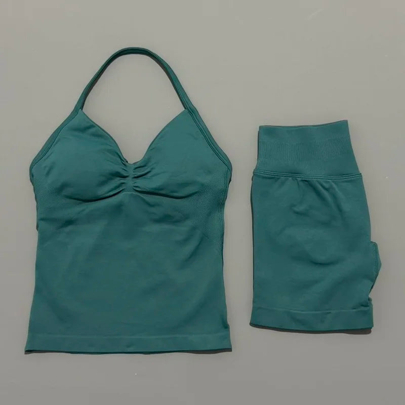 2 Pieces modern workout Sets, Backless Halter Tops + High Waist Seamless Shorts
