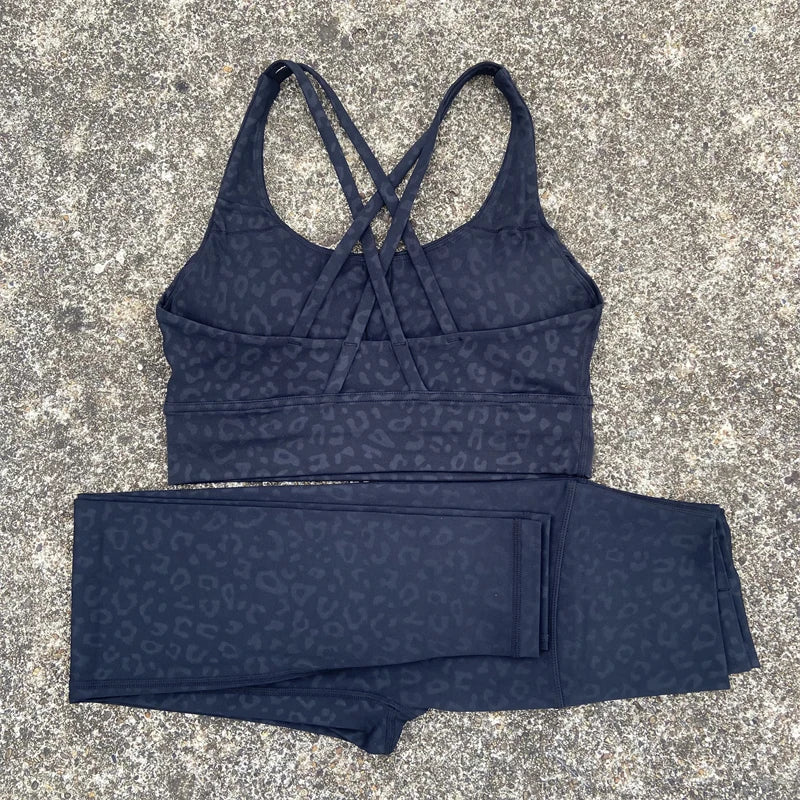 2 Piece Set workout Set, Cross Straps Bra + High Waist Leggings Running Tracksuit