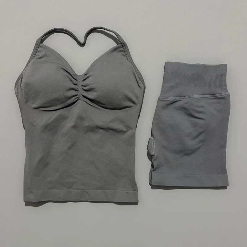 2 Pieces modern workout Sets, Backless Halter Tops + High Waist Seamless Shorts