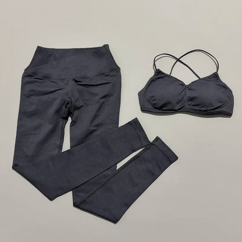 2Pcs Women workout Set, Backless Tank Tops + High Waist Scrunch Seamless Shorts