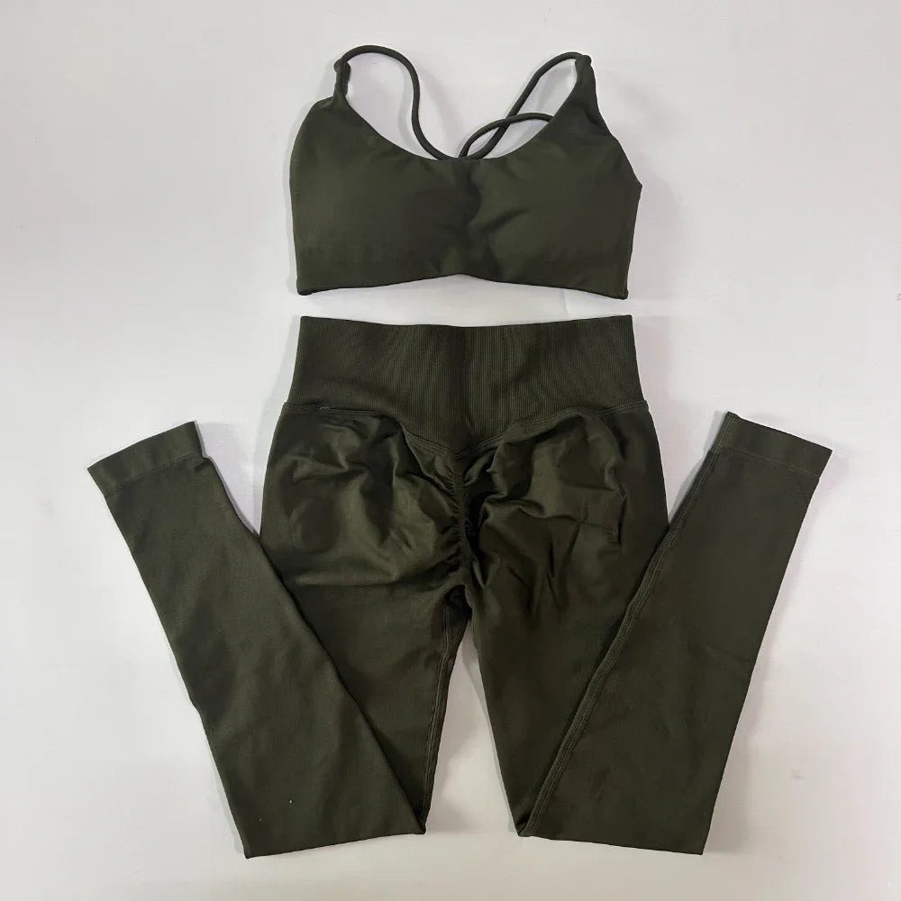 2 Pieces Seamless Dynamic Yoga Set Women Workout Scrunch Leggings Set Twist Back Sports Bra Fitness Gym Clothing Workout Set
