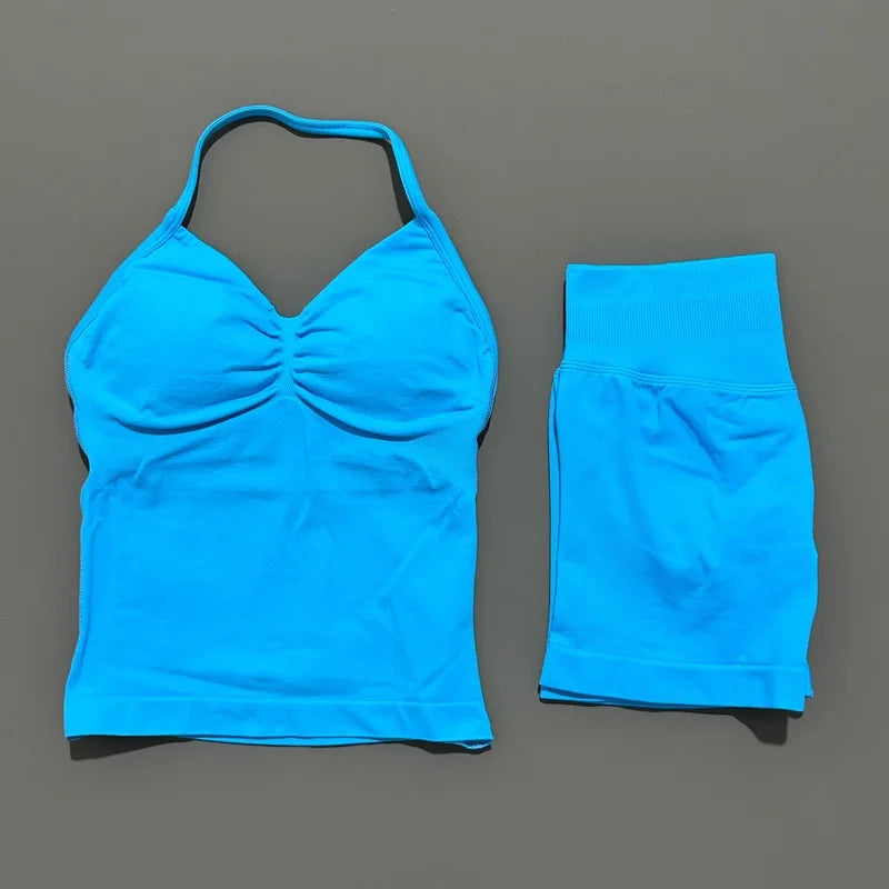 2 Pieces modern workout Sets, Backless Halter Tops + High Waist Seamless Shorts