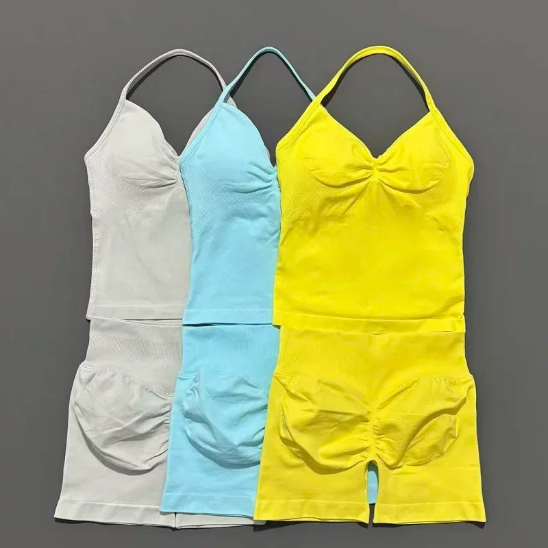 2 Pieces modern workout Sets, Backless Halter Tops + High Waist Seamless Shorts