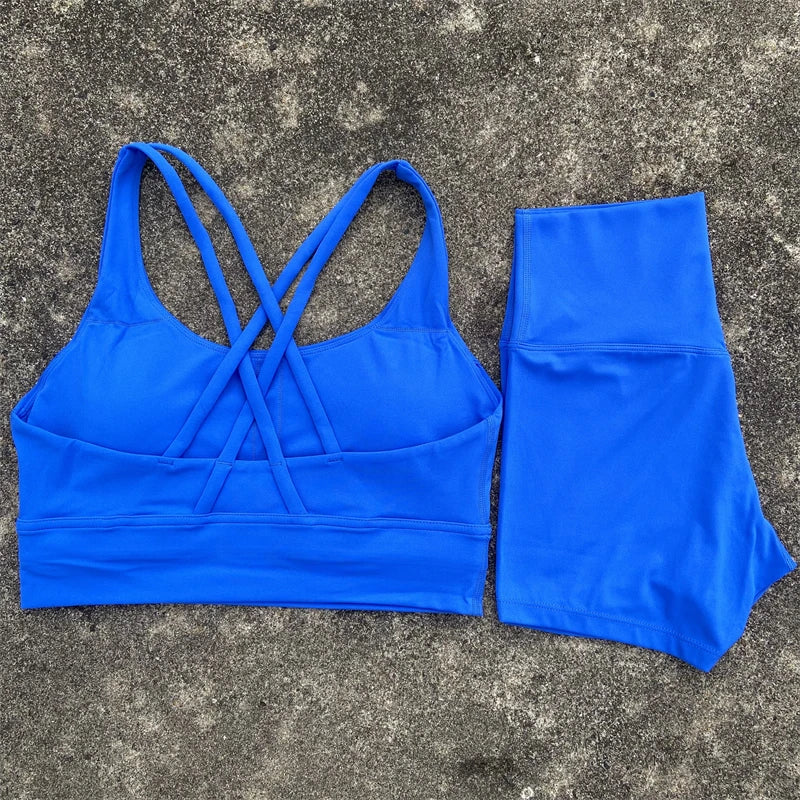 2 Piece workout Sports, Cross Back Bra + High Waist Shorts