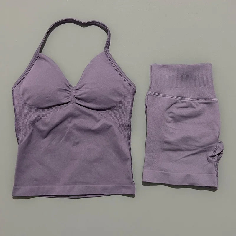 2 Pieces modern workout Sets, Backless Halter Tops + High Waist Seamless Shorts