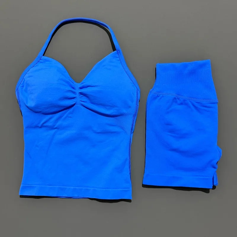2 Pieces modern workout Sets, Backless Halter Tops + High Waist Seamless Shorts