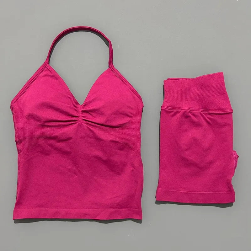 2 Pieces modern workout Sets, Backless Halter Tops + High Waist Seamless Shorts