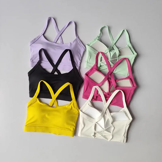 Solid Color Fitness Bra, Soft Cross Back Push-Up Gym Sports Top with Chest Pad Yoga Vest Sport Crop Top