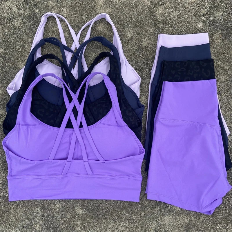 2 Piece workout Sports, Cross Back Bra + High Waist Shorts