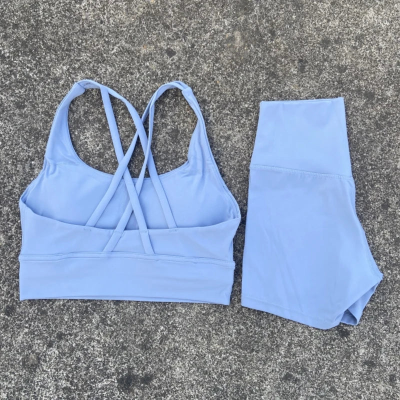 2 Piece workout Sports, Cross Back Bra + High Waist Shorts
