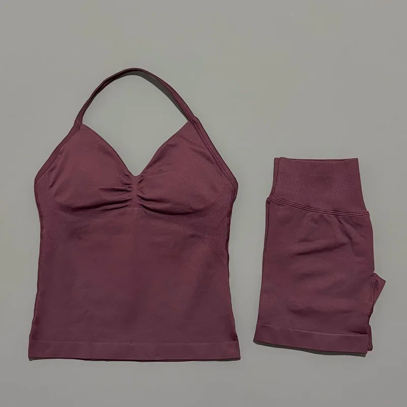 2 Pieces modern workout Sets, Backless Halter Tops + High Waist Seamless Shorts