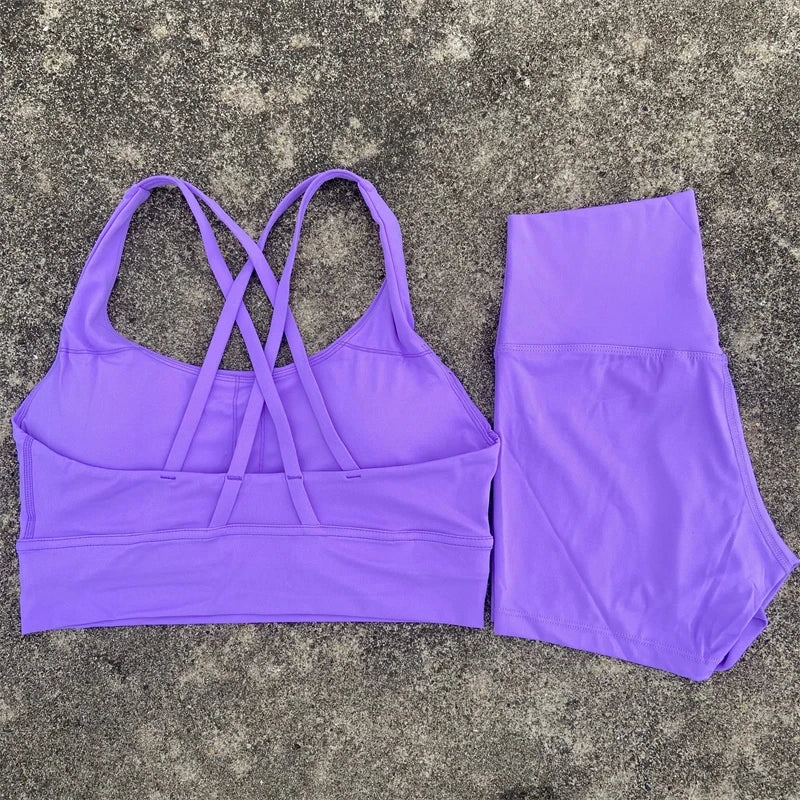 2 Piece workout Sports, Cross Back Bra + High Waist Shorts